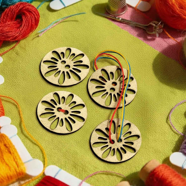 32 Pieces Round Wooden Buttons for Sewing | Natural Design Wooden Buttons | Stitchable Buttons for Kurtas, Craft, Embroidery &amp; DIY Projects (Flower-2-Hole-Btn-32)