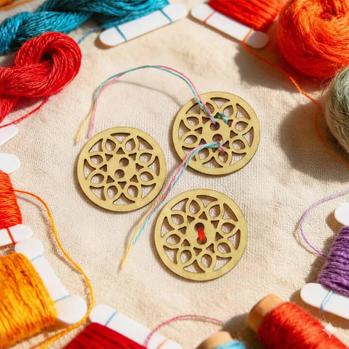 32 Pieces Round Wooden Buttons for Sewing | Natural Design Wooden Buttons | Stitchable Buttons for Kurtas, Craft, Embroidery &amp; DIY Projects (Mandala-2-Hole-Btn-32)