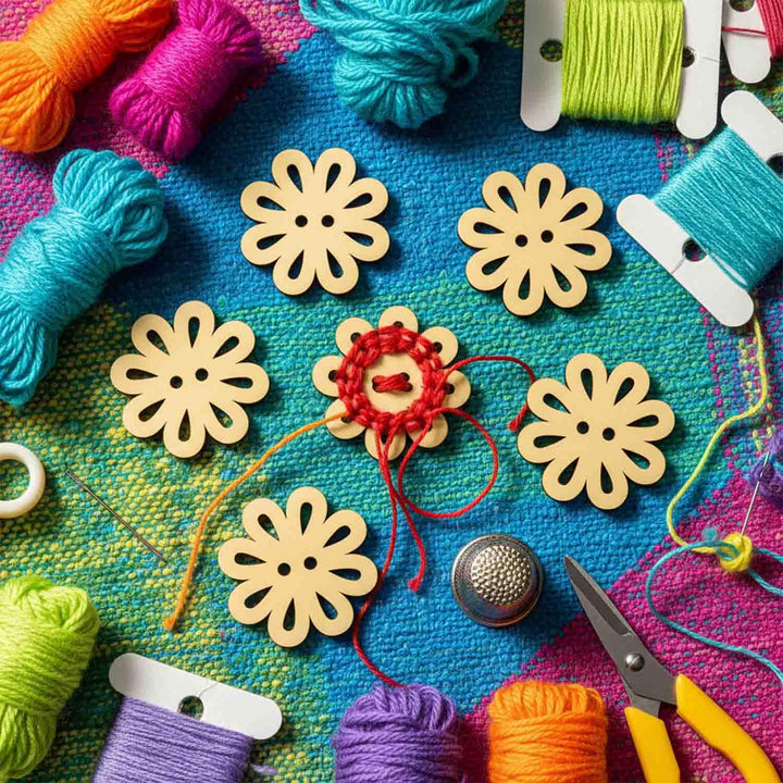 32 Pieces Round Wooden Buttons for Sewing | Natural Design Wooden Buttons | Stitchable Buttons for Kurtas, Craft, Embroidery &amp; DIY Projects (Petal-2-Hole-Btn-32)
