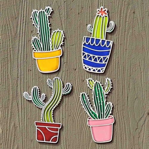3D Wooden Colorful Cactus Sticky Wall Decor Pack of 4 | Handcrafted Decorative Plant Shape Wall Pieces for Living Room, Bedroom, Dining Room &amp; Office | Desert-Themed Botanical Home Decoration Set