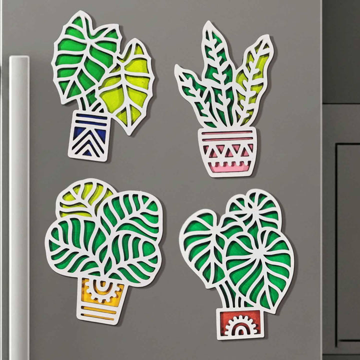 3D Wooden Colorful Tropical_2 Leaf Fridge Magnet Pack of 4 | Lively Decorative Plant Magnets for Refrigerator, Kitchen &amp; Home Decor | Exotic Botanical Gift for Nature Lovers