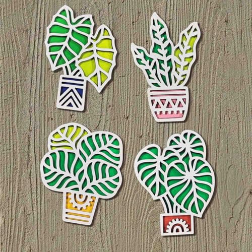 3D Wooden Colorful Tropical_2 Leaf &amp; Plant Shape Sticky Wall Art Pack of 4 | Handcrafted Decorative Signs &amp; Plaques for Living Room, Bedroom, Dining Room, Drawing Room &amp; Office Decor