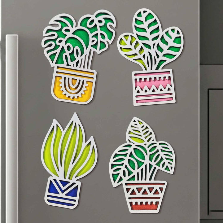 3D Wooden Colorful Tropical_1 Plant Fridge Magnet Pack of 4 | Vibrant Decorative Mini Plant Magnets for Refrigerator, Kitchen &amp; Home Decor | Botanical Gift for Nature &amp; Plant Lovers