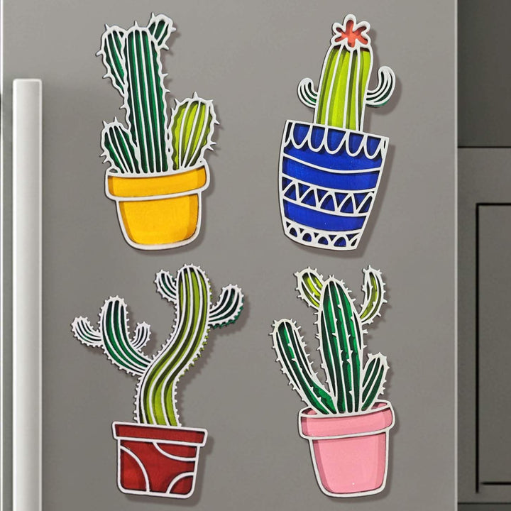 3D Wooden Colorful Cactus Fridge Magnet Pack of 4 | Lively Decorative Plant Magnets for Refrigerator, Kitchen &amp; Home Decor | Desert-Inspired Botanical Gift for Plant Lovers