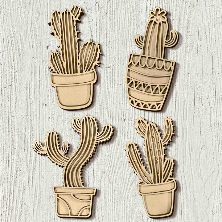 3D Wooden Cactus &amp; Plant Shape Sticky Wall Decor Pack of 4 | Handcrafted Decorative Pieces for Living Room, Bedroom, Dining Room, Drawing Room &amp; Office | Desert-Themed Botanical Home Decoration Set