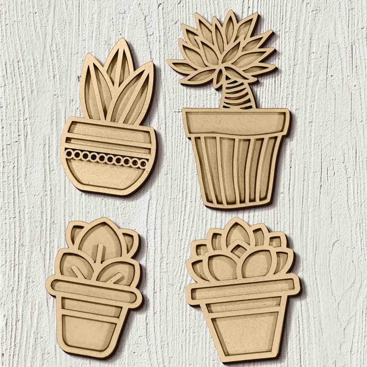 3D Wooden Succulent Shape Sticky Wall Decor Pack of 4 | Handcrafted Decorative Pieces for Living Room, Bedroom, Dining Room, Drawing Room &amp; Office | Modern Botanical Home Decoration Set