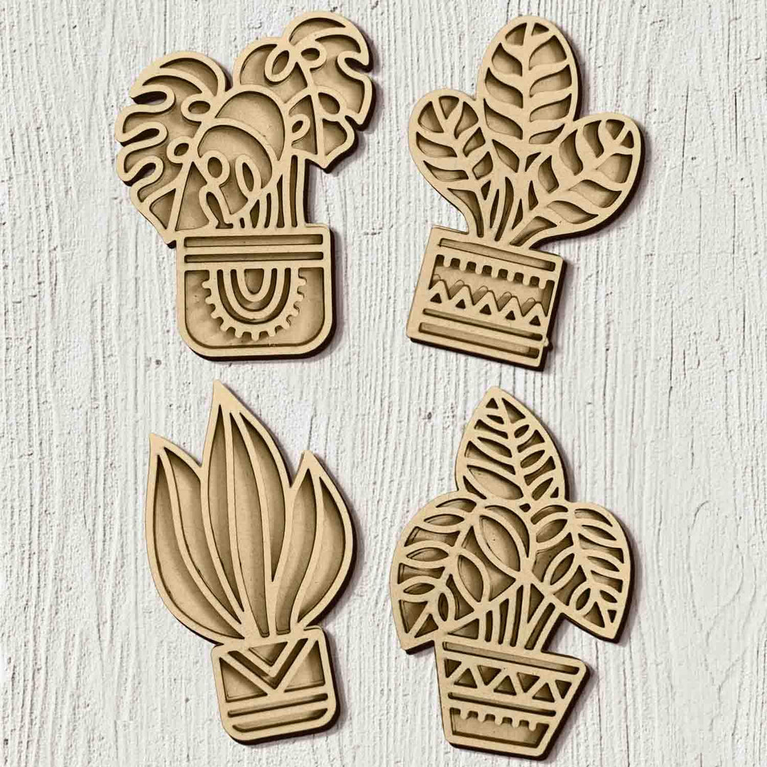 3D Wooden Tropical Leaf &amp; Plant Shape Sticky Wall Decor Pack of 4 | Handcrafted Decorative Pieces for Living Room, Bedroom, Dining Room, Drawing Room &amp; Office | Exotic Botanical Home Decoration Set