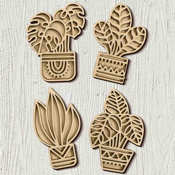 3D Wooden Tropical Leaf &amp; Plant Shape Sticky Wall Decor Pack of 4 | Handcrafted Decorative Pieces for Living Room, Bedroom, Dining Room, Drawing Room &amp; Office | Exotic Botanical Home Decoration Set