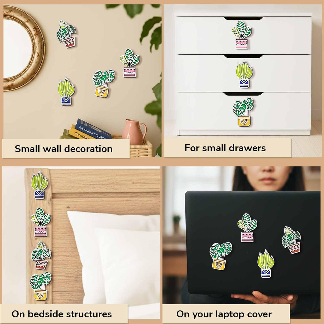 3D Wooden Tropical Leaf &amp; Plant Shape Sticky Wall Decor Pack of 4 | Handcrafted Decorative Pieces for Living Room, Bedroom, Dining Room, Drawing Room &amp; Office | Exotic Botanical Home Decoration Set