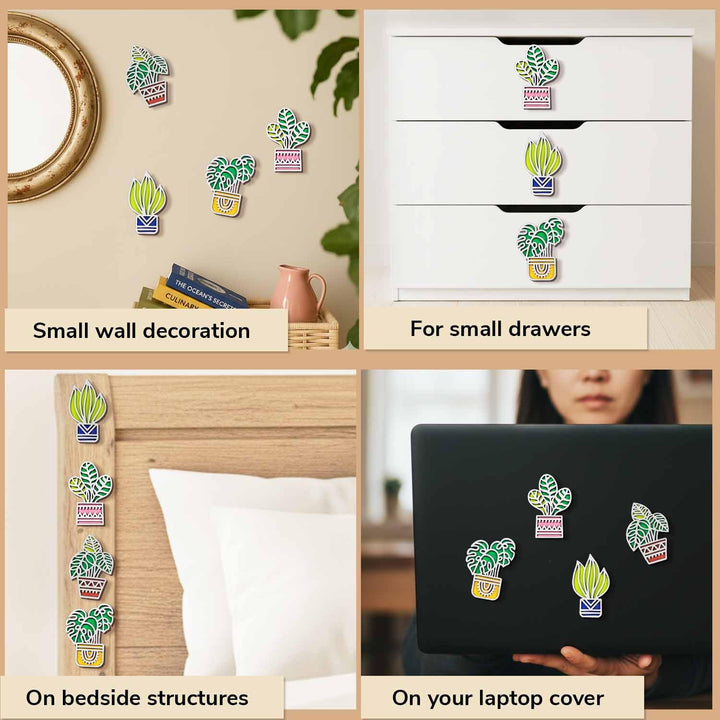 3D Wooden Tropical Leaf &amp; Plant Shape Sticky Wall Decor Pack of 4 | Handcrafted Decorative Pieces for Living Room, Bedroom, Dining Room, Drawing Room &amp; Office | Exotic Botanical Home Decoration Set