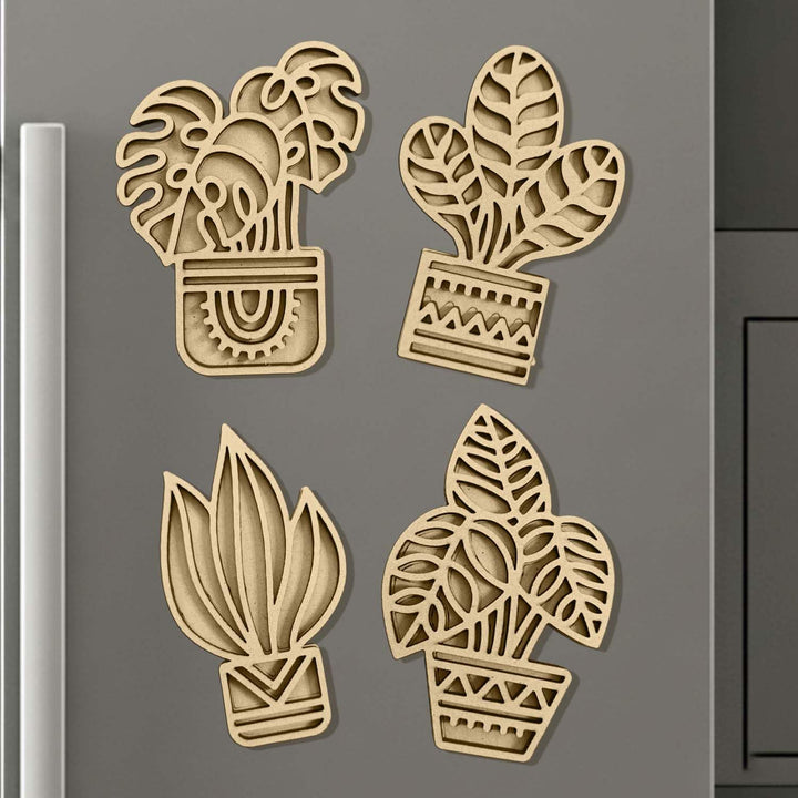 3D Wooden Tropical Plant Fridge Magnet Pack of 4 | Charming Decorative Mini Plant Magnets for Kitchen, Refrigerator &amp; Home Decor | Nature-Inspired Botanical Gift for Plant Enthusiasts