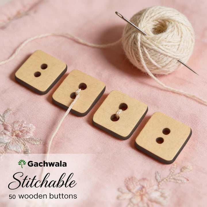50 Pieces Natural Wooden Buttons for Clothes | Eco-Friendly Sewing Buttons for Shirts, Kurtas, Kurtis, Crafts &amp; DIY Projects (SmartSquare-2-Hole-Btn-50)