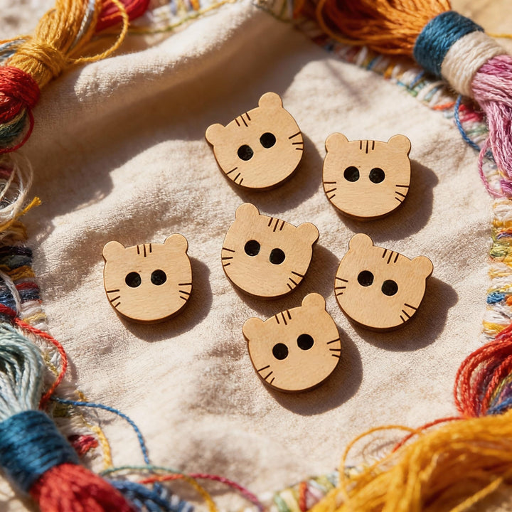 50 Pieces Wooden Buttons for Clothes | Natural Round Wooden Shirt Buttons for Men &amp; Women | Ideal for Kurtas, Kurtis, Sewing, Crafts &amp; Embroidery (Design 7 - Meow)