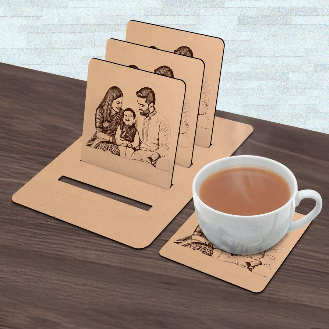 Personalized Engraved Square Wooden Tea Coaster Set with Stand Set of 4 | Custom Photo Wooden Cup Coasters for Dining Table | (4x4 cm) for Cups &amp; Glasses | Elegant Table Decor &amp; Gift Choice
