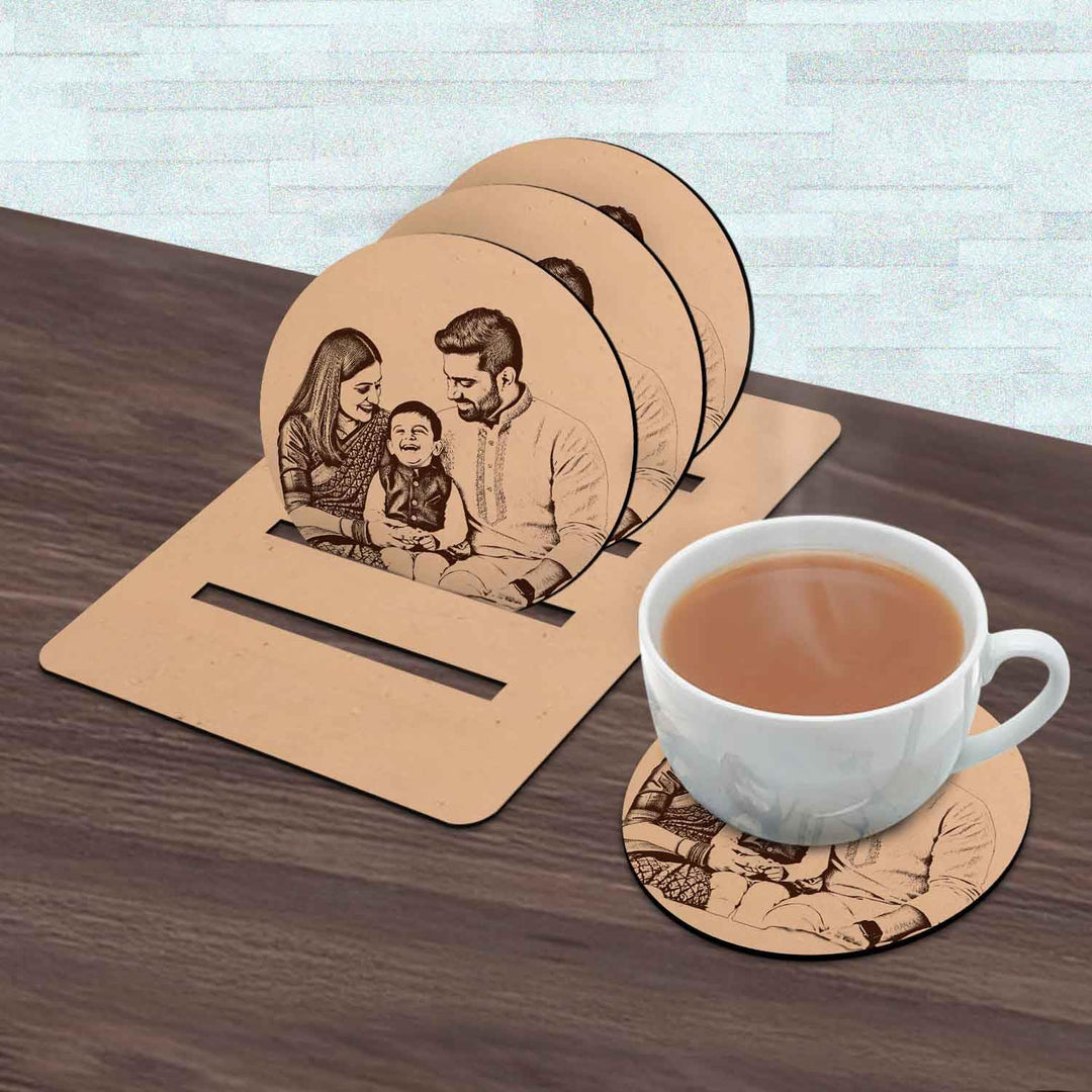 Engraved Round Wooden Coaster Set with Holder - Set of 4 | Personalized Circular Tea Coasters with Photo | Custom Tea Coasters for Table, Home, Office, and Gifting