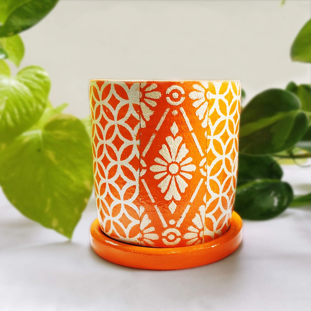 Handmade Terracotta Planter - Bohemian Round Shape Pattern Pot for Indoor and Outdoor - Hand Painted Cylindrical Pot (4 Inch, Orange)