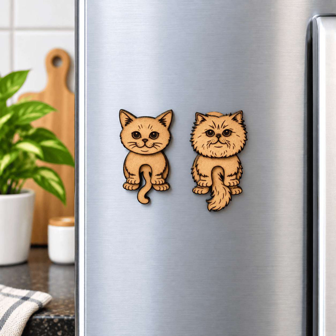 Cat Fridge Magnets, Pack of 2 | Wooden MDF Cat Magnets for Refrigerator, Magnetic Whiteboard, Office Cabinet &amp; Locker | Laser-Cut Cat Decor &amp; Note Holder | Home &amp; Gifting