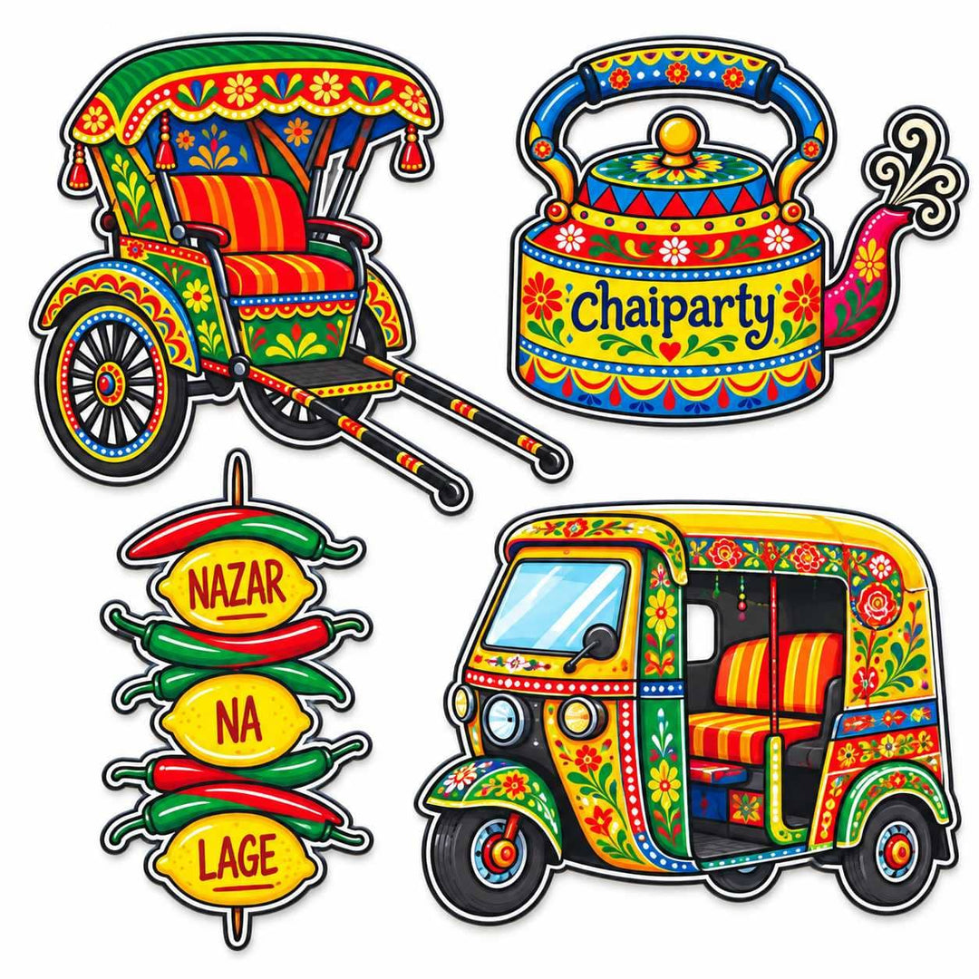 Indian Folk Art Fridge Magnets Set of 4 | Auto Rickshaw, Handcart, Tea Kettle &amp; Nazar Charm | MDF Magnetic Accessories for Refrigerator, Locker, Office, Home &amp; Gifting