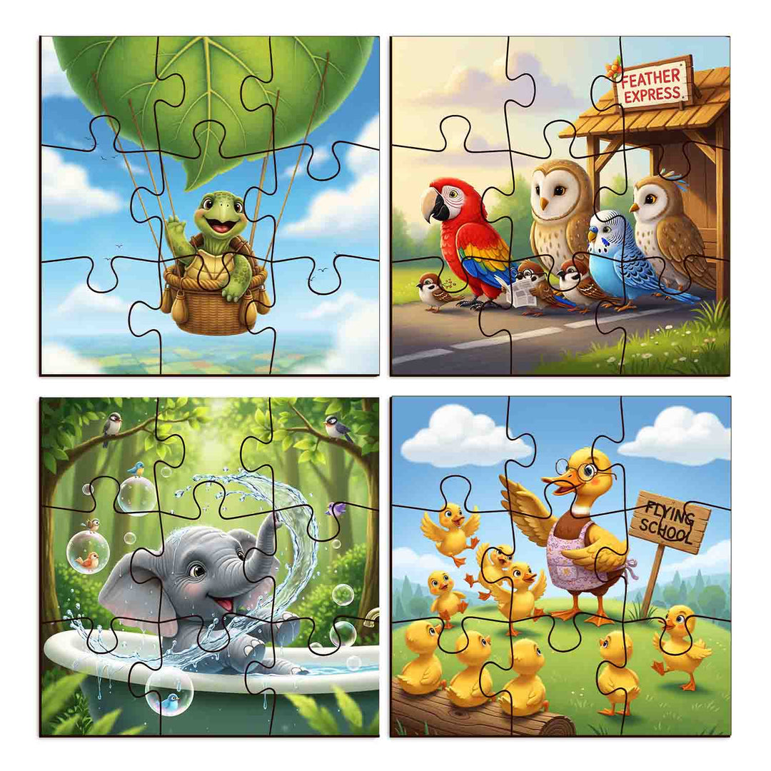 Animal Friends Jigsaw Puzzle Set for Kids 3-7 | 4-in-1 Preschool Puzzle with Bird, Frog, Duck &amp; Elephant | Educational Early Learning Toy