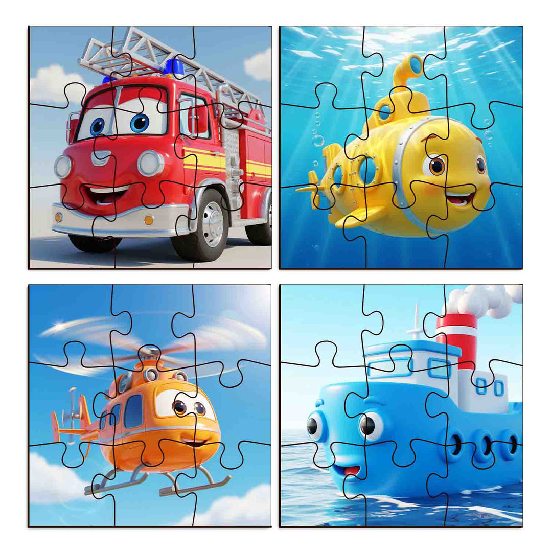 Vehicle Jigsaw Puzzle Set for Kids Age 3-7 | 4-in-1 Preschool Learning Activity with 36 Pieces | Brain-Boosting Fire Truck, Helicopter &amp; Ship Puzzle