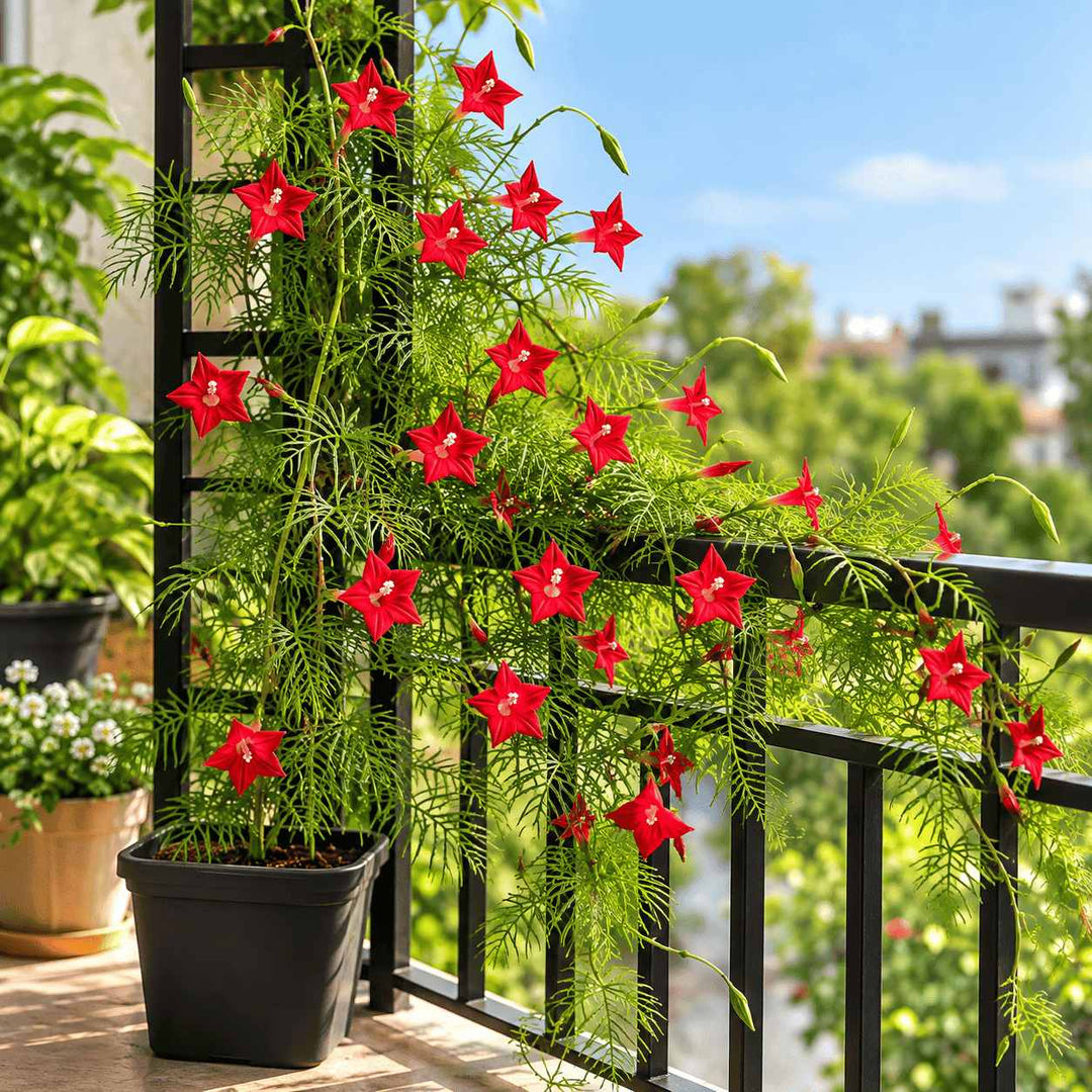 Red Cypress Vine (Kunjalata) | Tarulata Fast Climbing Flower Vine | Natural Pollinator Attracting Plant for Balcony, Garden &amp; Trellis | Pack of 1 Live Plant