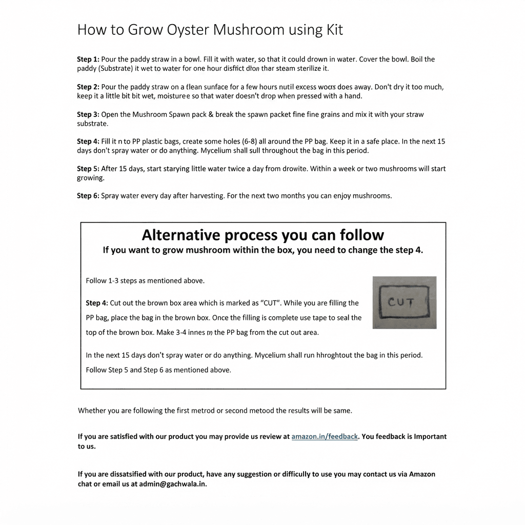 Mushroom Growing Kit - Oyster Mushroom Seeds for Home ( Grow Your Own Kits ) - 1 Packet Mushroom Spawn + Straw + PP Bag - DIY Project