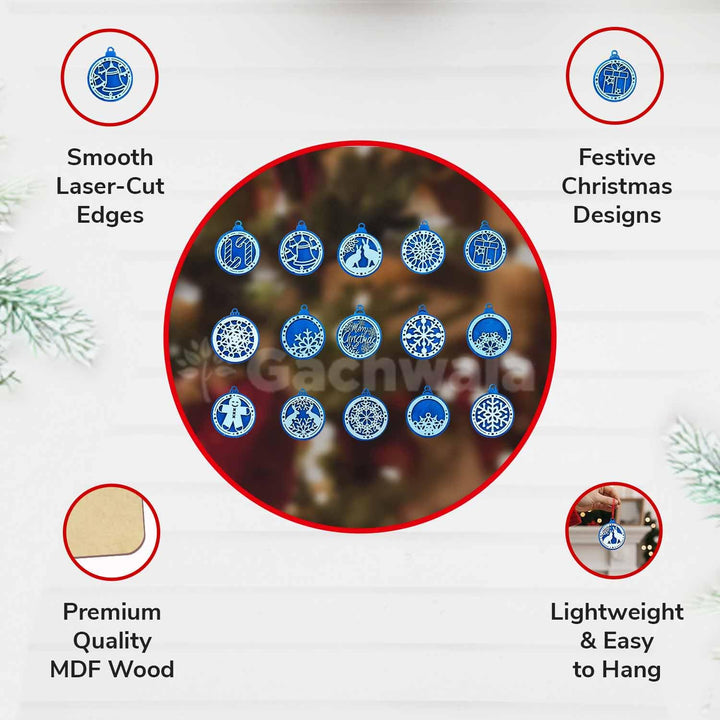 Set of 15 Handcrafted Wooden Christmas Decor (Blue) | Mix of Snowflake, Gingerbread, Bell &amp; Candy Cane Charms | Charming Hanging Ornaments for Christmas Tree, Home &amp; Church Festive Décor