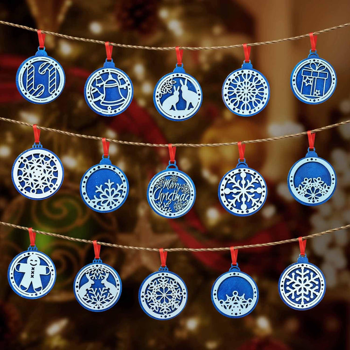 Set of 15 Handcrafted Wooden Christmas Decor (Blue) | Mix of Snowflake, Gingerbread, Bell &amp; Candy Cane Charms | Charming Hanging Ornaments for Christmas Tree, Home &amp; Church Festive Décor
