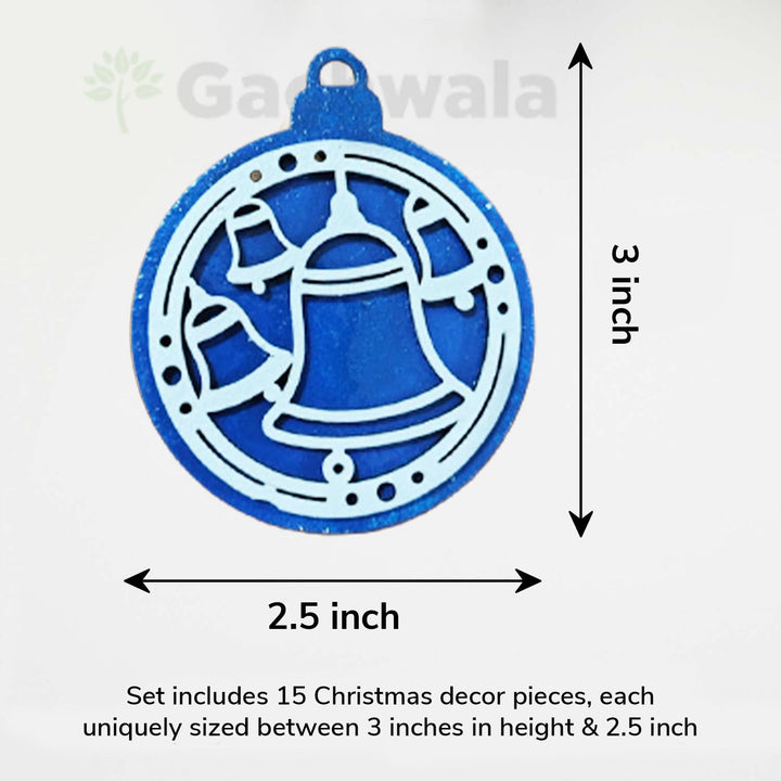 Set of 15 Handcrafted Wooden Christmas Decor (Blue) | Mix of Snowflake, Gingerbread, Bell &amp; Candy Cane Charms | Charming Hanging Ornaments for Christmas Tree, Home &amp; Church Festive Décor
