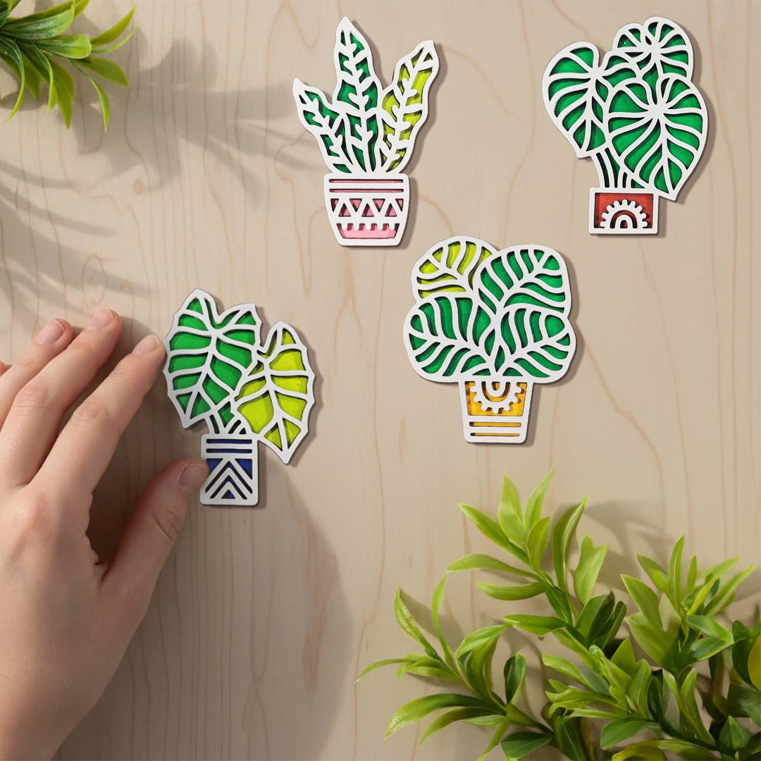 3D Wooden Colorful Tropical_2 Leaf &amp; Plant Shape Sticky Wall Art Pack of 4 | Handcrafted Decorative Signs &amp; Plaques for Living Room, Bedroom, Dining Room, Drawing Room &amp; Office Decor