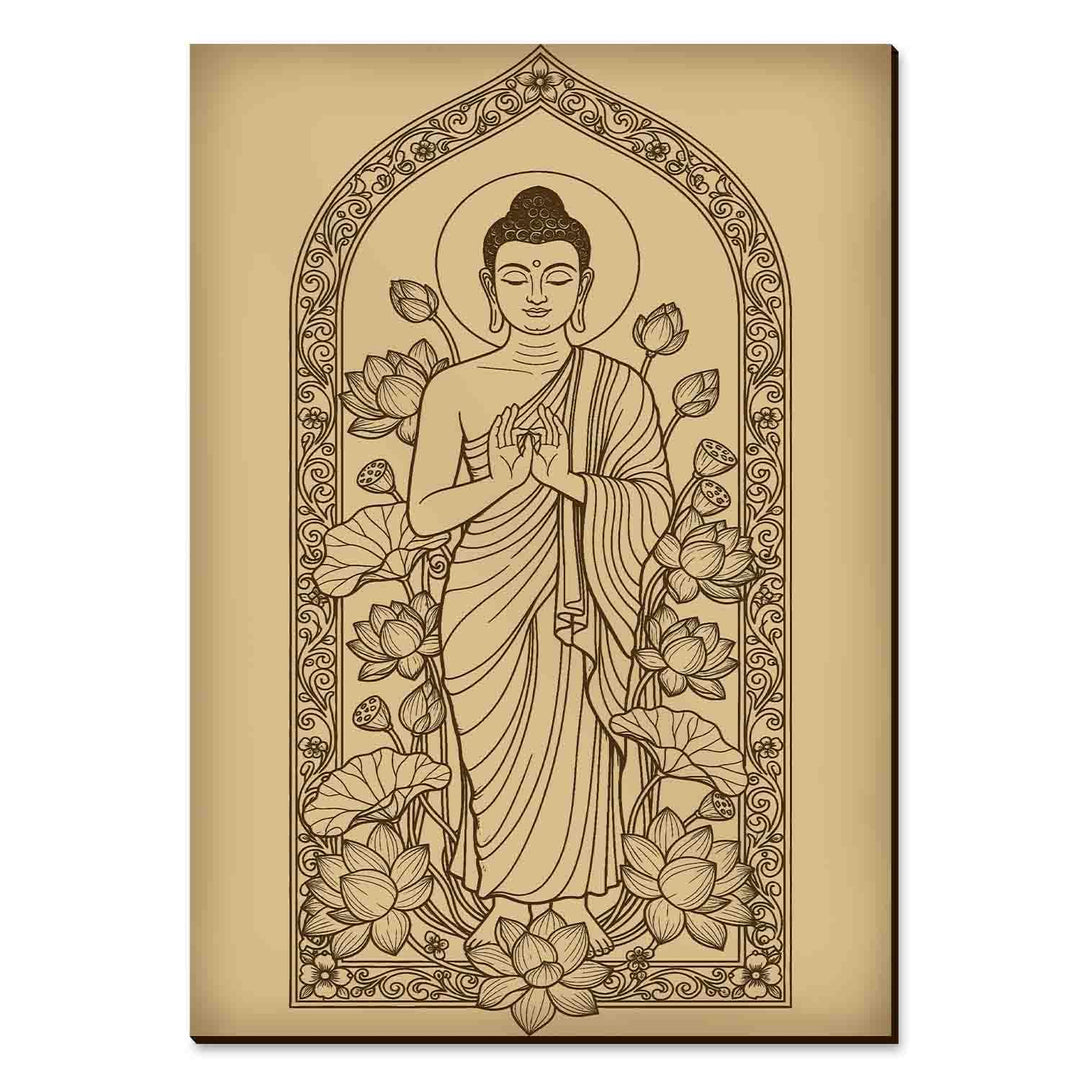 Buddha Madhubani Wooden Wall Art | Handcrafted Wood Engraved Lord Buddha with Lotus Motifs | Traditional Indian Folk Art Spiritual Décor for Living Room, Bedroom, Meditation &amp; Pooja Room