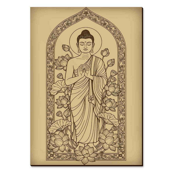 Buddha Madhubani Wooden Wall Art | Handcrafted Wood Engraved Lord Buddha with Lotus Motifs | Traditional Indian Folk Art Spiritual Décor for Living Room, Bedroom, Meditation &amp; Pooja Room
