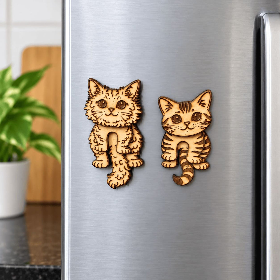 Cute Cat Fridge Magnets, Pack of 2 | Movable Head &amp; Body Magnetic Decor, Laser Cut MDF Craft, Lightweight Refrigerator Magnets for Home, Office, Locker &amp; Gifting