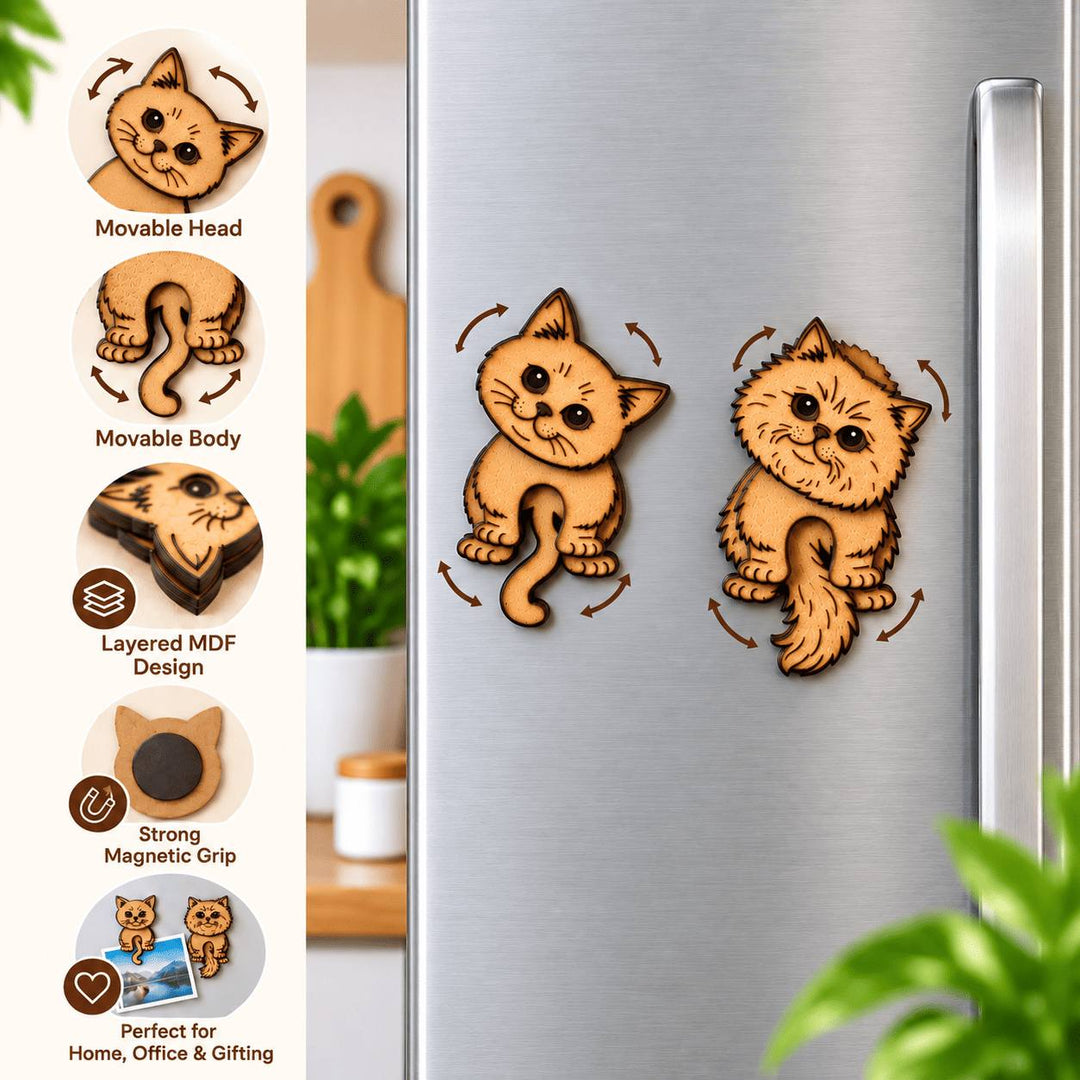 Cat Fridge Magnets, Pack of 2 | Wooden MDF Cat Magnets for Refrigerator, Magnetic Whiteboard, Office Cabinet &amp; Locker | Laser-Cut Cat Decor &amp; Note Holder | Home &amp; Gifting
