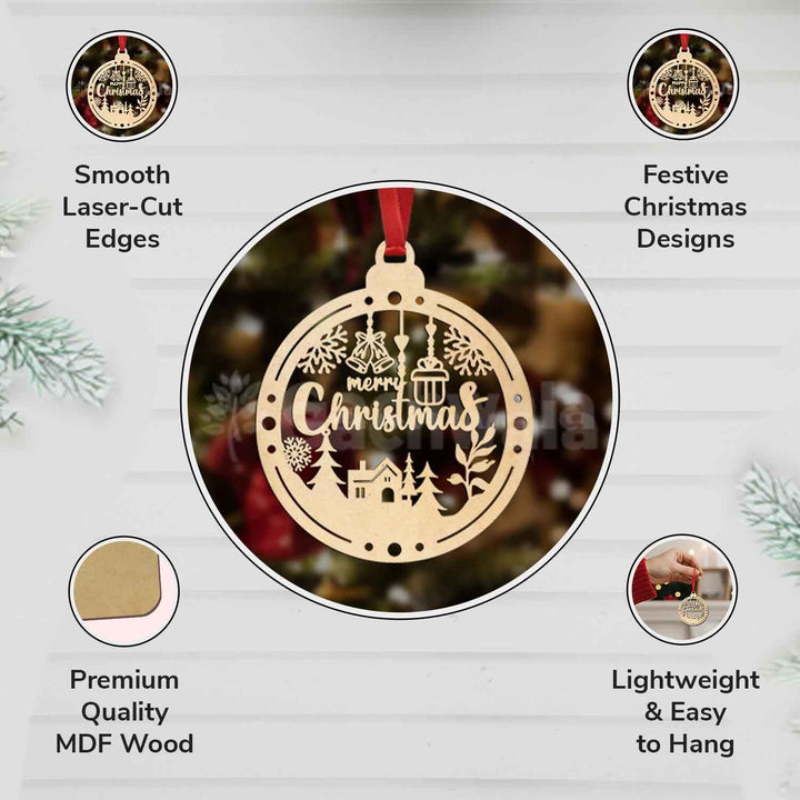 Merry Christmas Wooden Hanging Ornaments – Set of 15 | Laser Cut Xmas Bauble Decorations with Church &amp; Snowflake Design | Wooden Christmas Tree Hanging Décor for Home, Party &amp; Festive Decoration