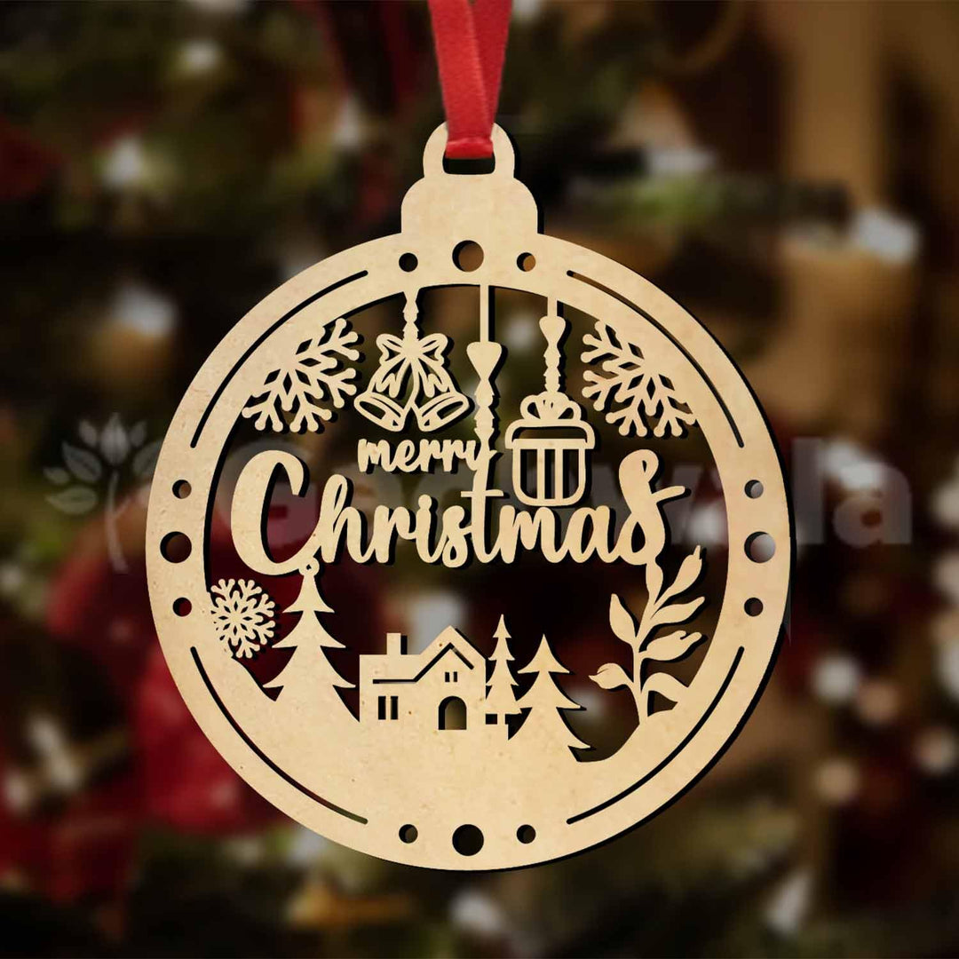 Merry Christmas Wooden Hanging Ornaments – Set of 15 | Laser Cut Xmas Bauble Decorations with Church &amp; Snowflake Design | Wooden Christmas Tree Hanging Décor for Home, Party &amp; Festive Decoration