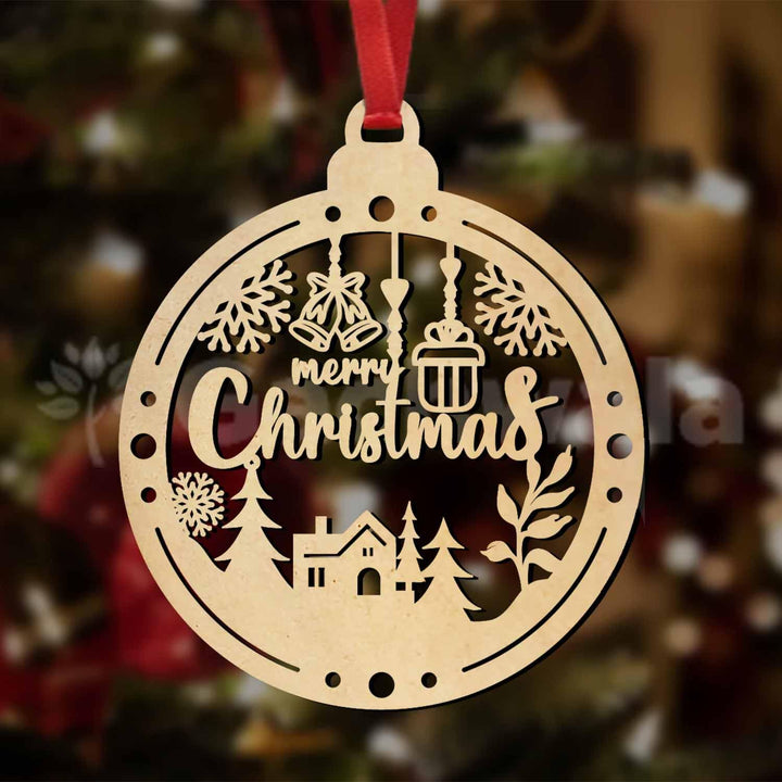 Merry Christmas Wooden Hanging Ornaments – Set of 15 | Laser Cut Xmas Bauble Decorations with Church &amp; Snowflake Design | Wooden Christmas Tree Hanging Décor for Home, Party &amp; Festive Decoration