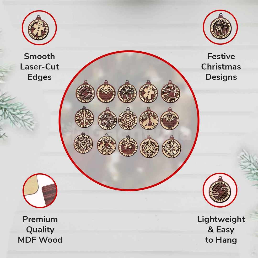 Set of 15 Premium Wooden Christmas Hanging Ornaments – Set of Decorative Xmas Tree Baubles with Laser Cut Designs | Reusable Festive Hanging Décor for Home, Office, Party (Raw)