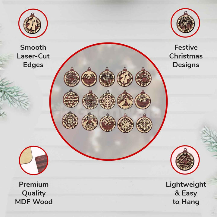 Set of 15 Premium Wooden Christmas Hanging Ornaments – Set of Decorative Xmas Tree Baubles with Laser Cut Designs | Reusable Festive Hanging Décor for Home, Office, Party (Raw)