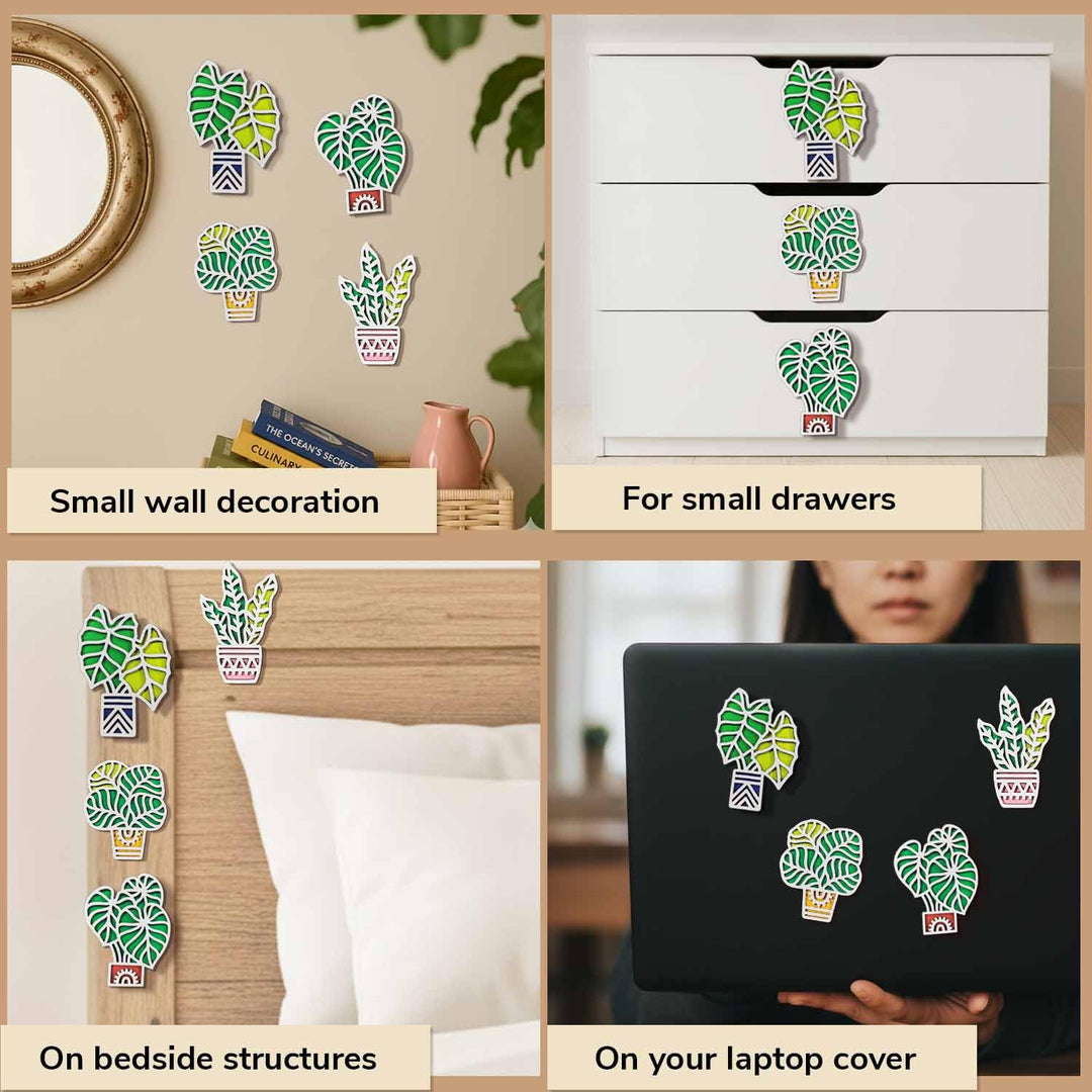 3D Wooden Colorful Tropical_2 Leaf &amp; Plant Shape Sticky Wall Art Pack of 4 | Handcrafted Decorative Signs &amp; Plaques for Living Room, Bedroom, Dining Room, Drawing Room &amp; Office Decor
