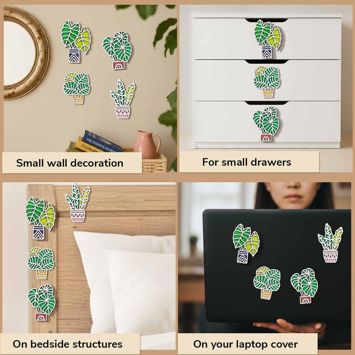 3D Wooden Colorful Tropical_2 Leaf &amp; Plant Shape Sticky Wall Art Pack of 4 | Handcrafted Decorative Signs &amp; Plaques for Living Room, Bedroom, Dining Room, Drawing Room &amp; Office Decor