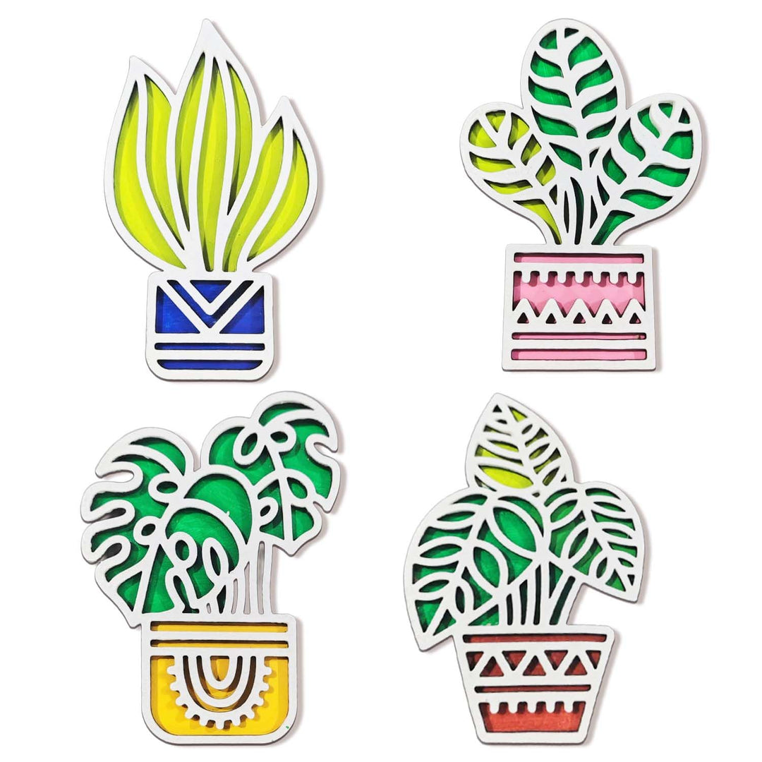 3D Wooden Colorful Tropical_1 Plant Fridge Magnet Pack of 4 | Vibrant Decorative Mini Plant Magnets for Refrigerator, Kitchen &amp; Home Decor | Botanical Gift for Nature &amp; Plant Lovers