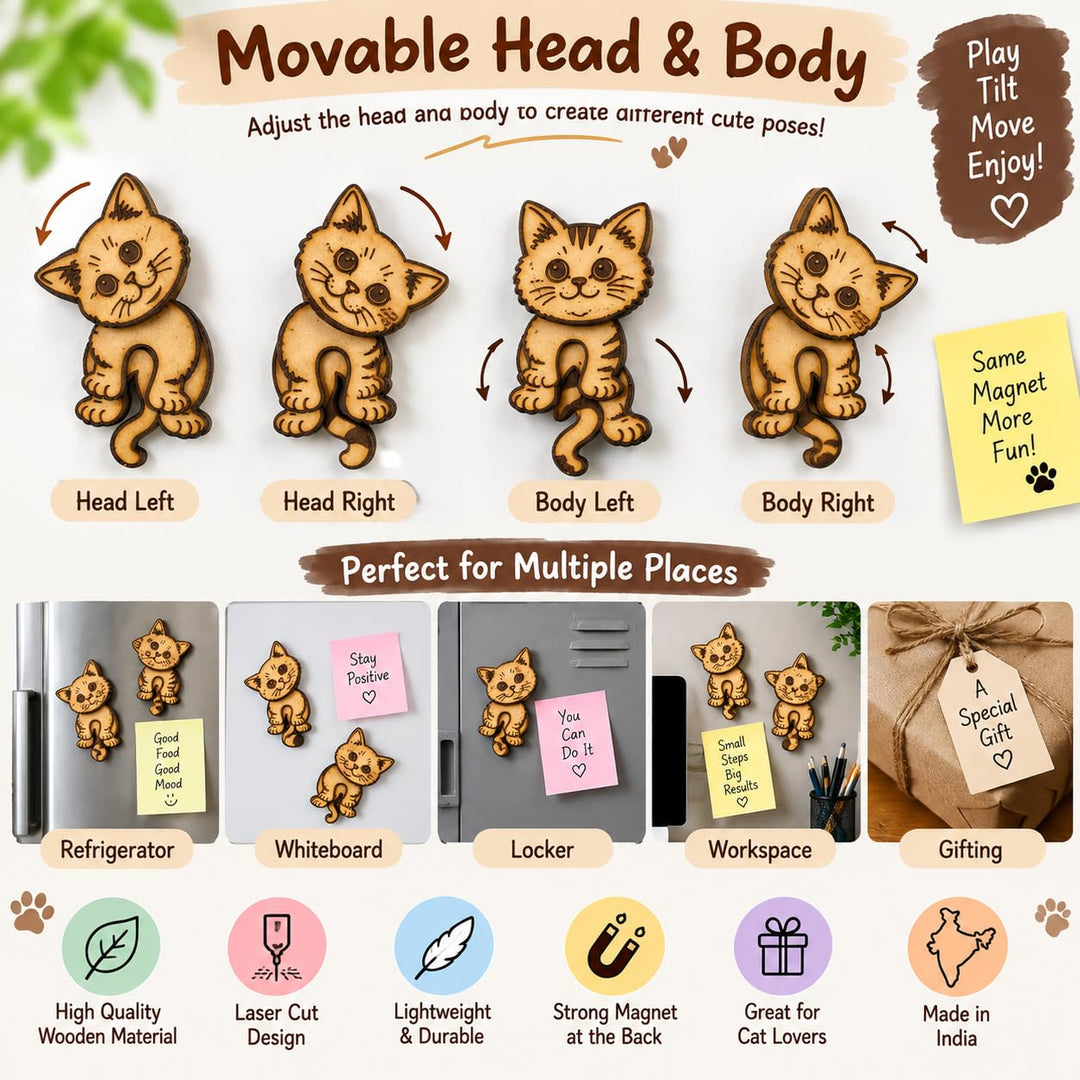 Gachwala Cute Cat Fridge Magnets, Pack of 2 | Movable Head &amp; Body Magnetic Decor, Laser Cut MDF Craft, Lightweight Refrigerator Magnets for Home, Office, Locker &amp; Gifting