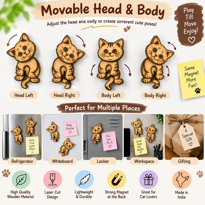 Gachwala Cute Cat Fridge Magnets, Pack of 2 | Movable Head &amp; Body Magnetic Decor, Laser Cut MDF Craft, Lightweight Refrigerator Magnets for Home, Office, Locker &amp; Gifting