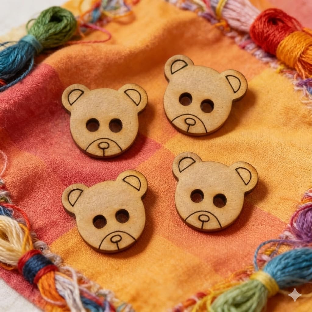 50 Pieces Wooden Buttons for Clothes | Natural Round Wooden Shirt Buttons for Men &amp; Women | Ideal for Kurtas, Kurtis, Sewing, Crafts &amp; Embroidery (Design 6 Bear)