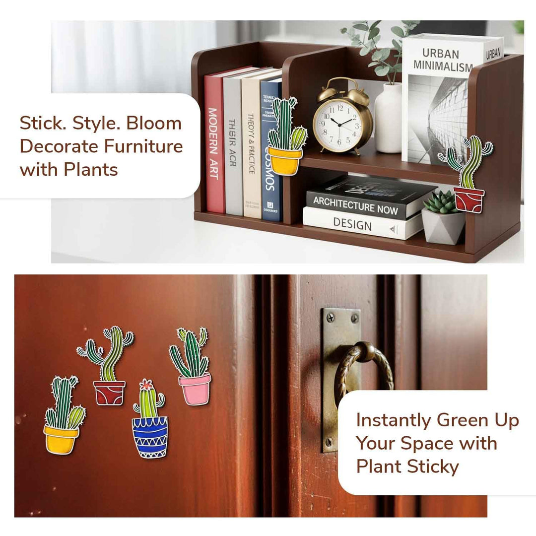 3D Wooden Colorful Cactus Sticky Wall Decor Pack of 4 | Handcrafted Decorative Plant Shape Wall Pieces for Living Room, Bedroom, Dining Room &amp; Office | Desert-Themed Botanical Home Decoration Set