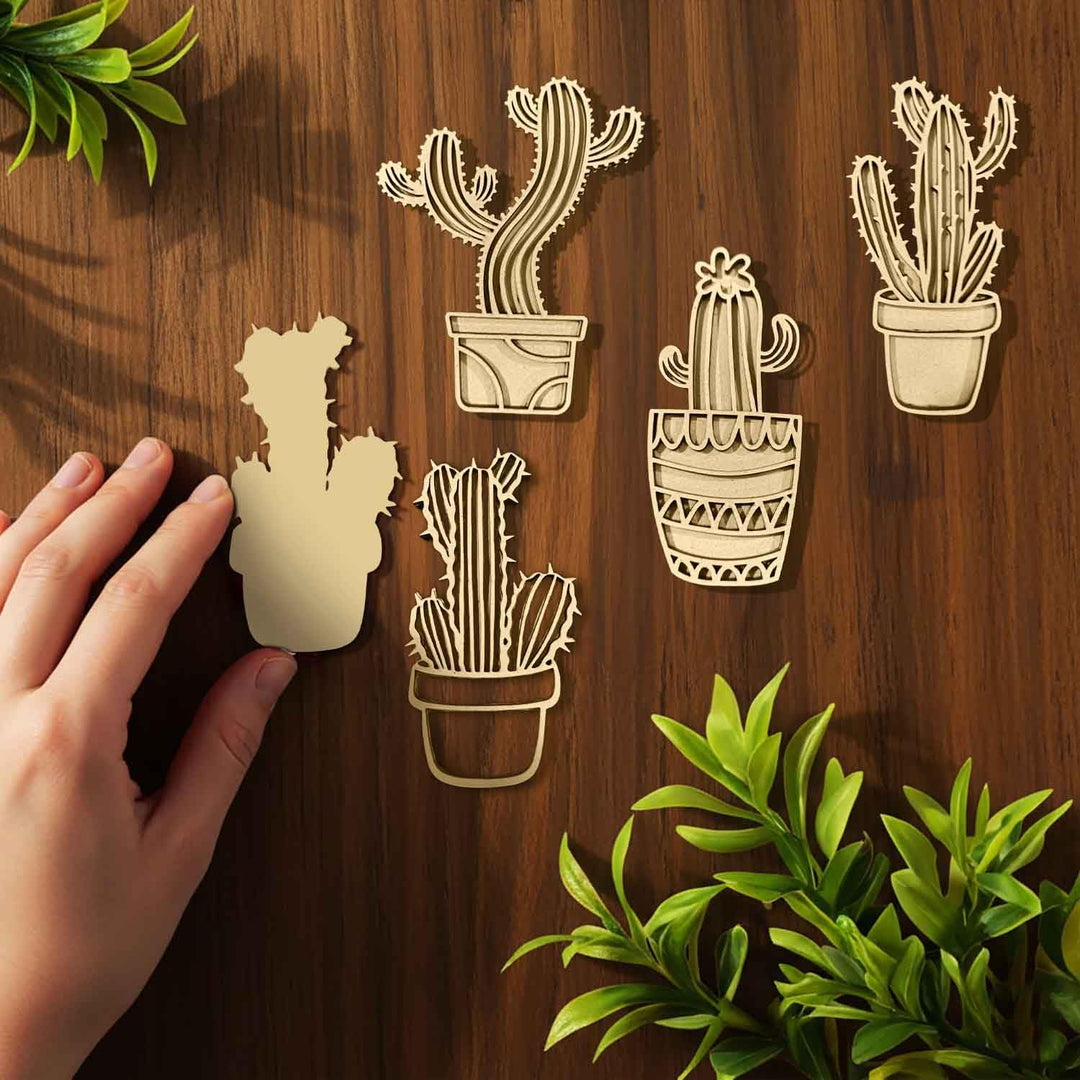 3D Wooden Cactus &amp; Plant Shape Sticky Wall Decor Pack of 4 | Handcrafted Decorative Pieces for Living Room, Bedroom, Dining Room, Drawing Room &amp; Office | Desert-Themed Botanical Home Decoration Set