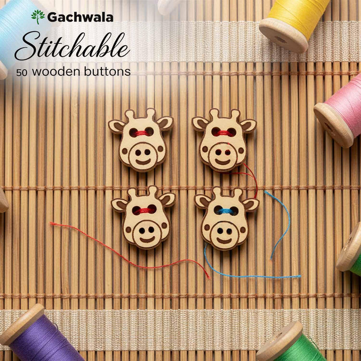 50 Pieces Natural Wooden Buttons for Clothes | Eco-Friendly Sewing Buttons for Shirts, Kurtas, Kurtis, Crafts &amp; DIY Projects (CowFace-2-Hole-Btn-50)