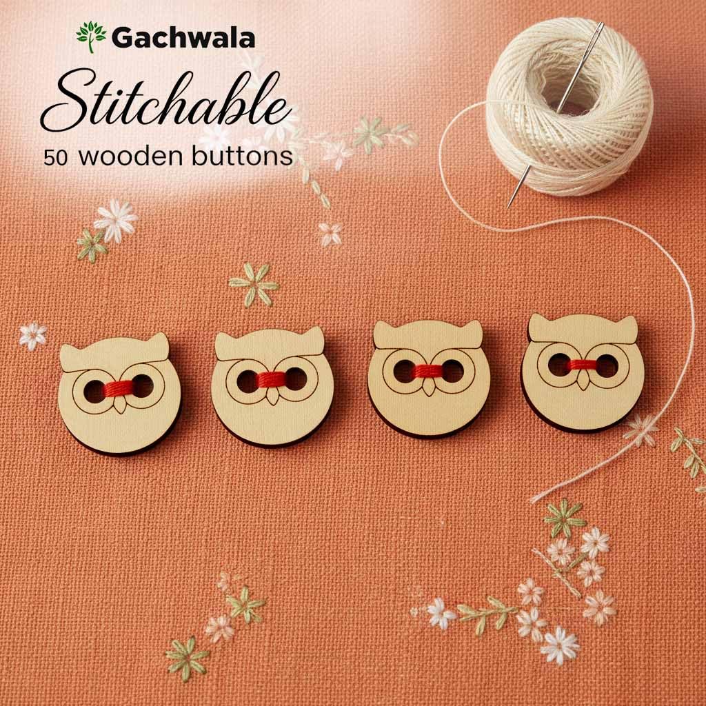 50 Pieces Natural Wooden Buttons for Clothes | Eco-Friendly Sewing Buttons for Shirts, Kurtas, Kurtis, Crafts &amp; DIY Projects (WiseOwl-2-Hole-Btn-50)