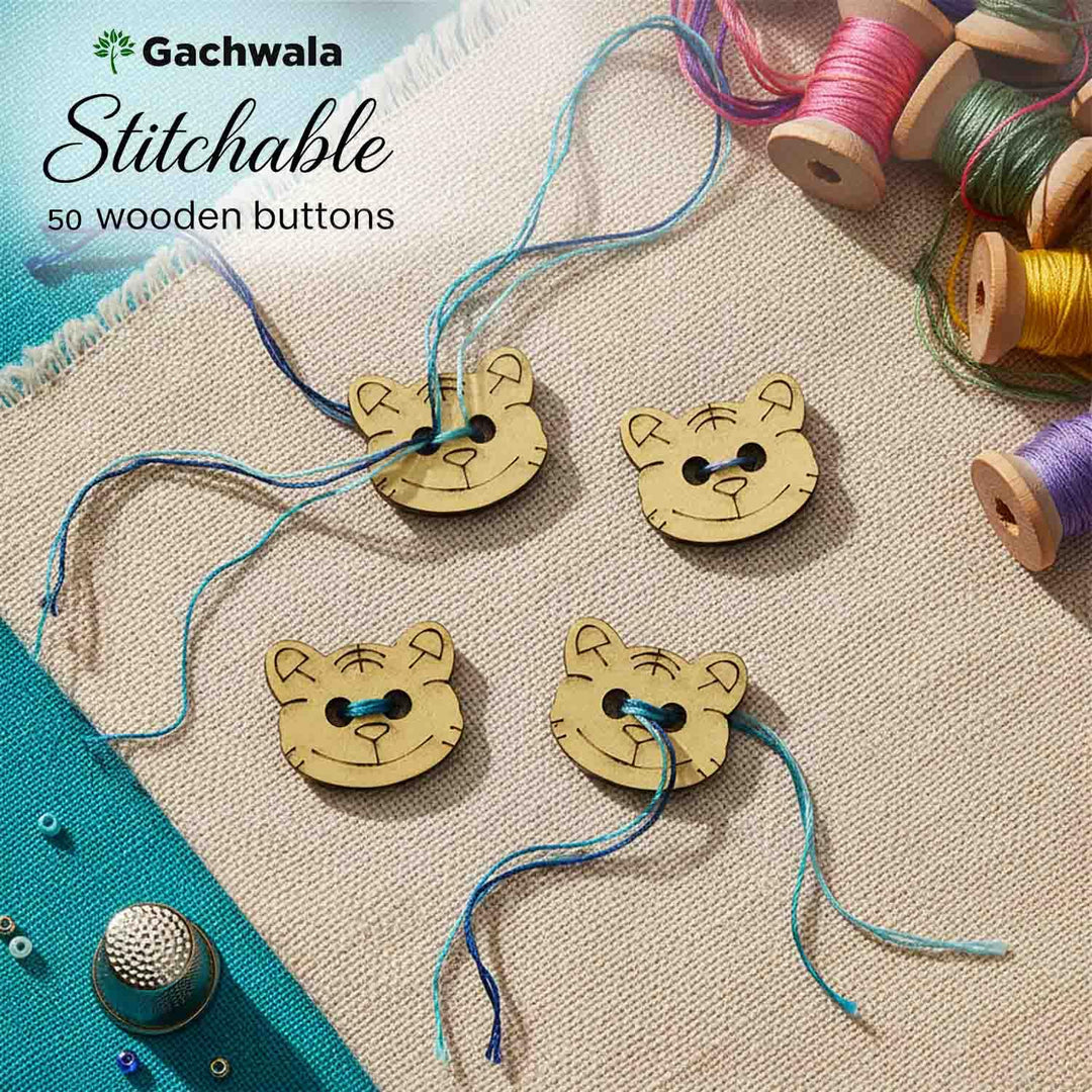 50 Pieces Natural Wooden Buttons for Clothes | Eco-Friendly Sewing Buttons for Shirts, Kurtas, Kurtis, Crafts &amp; DIY Projects (TigerFace-2-Hole-Btn-50)